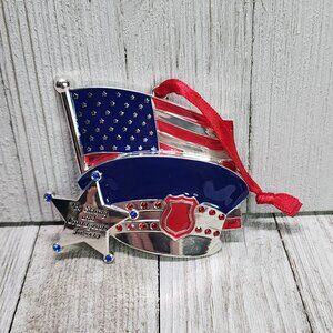 America's Flag and Cap " Be Strong and Courageous " Ornament Silver Metal